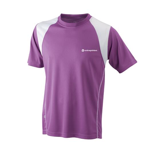 Paars en wit polyester hardloopshirt voor heren met korte mouwen.