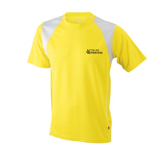 Geel polyester hardloopshirt voor heren met korte mouwen.