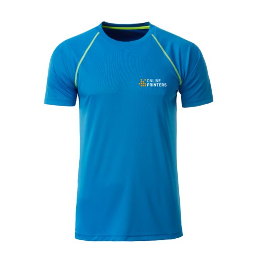 Blauw polyester T-shirt met korte mouwen.