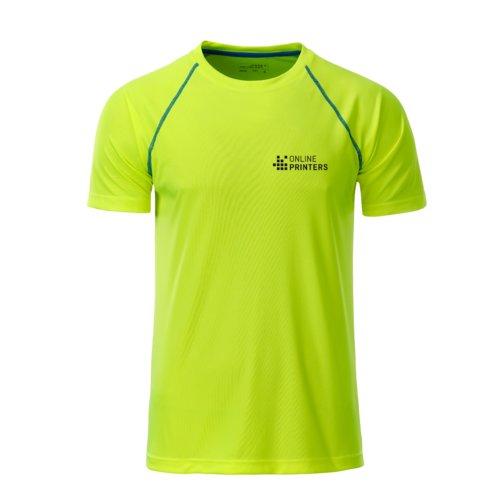 Neongeel/blauw polyester T-shirt voor heren met korte mouwen.
