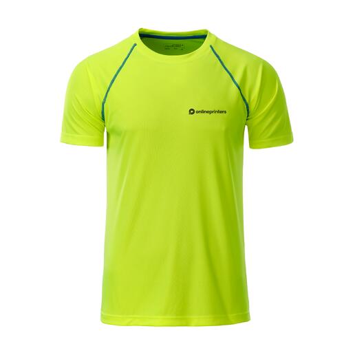 Neongeel/blauw polyester T-shirt voor heren met korte mouwen.
