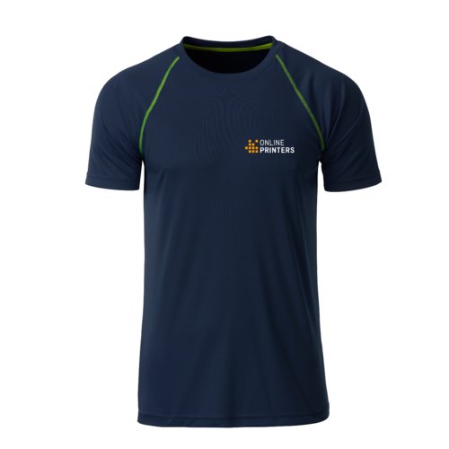 Marineblauwe polyester T-shirt voor heren met korte mouwen.