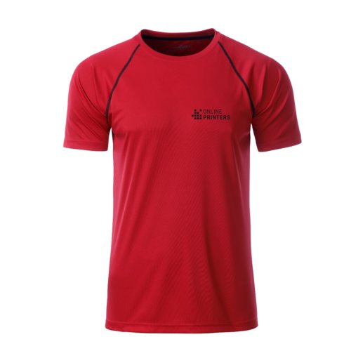 Rood polyester T-shirt met korte mouwen.