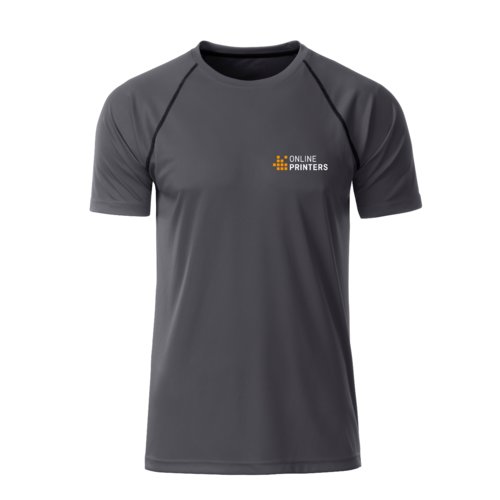 Donkergrijs polyester T-shirt voor heren met korte mouwen.