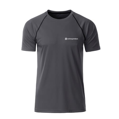 Donkergrijs polyester T-shirt voor heren met korte mouwen.