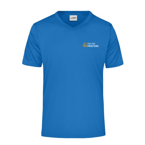 Koningsblauw polyester V-shirt voor heren met korte mouwen.