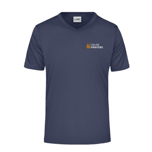 Zwartblauw polyester V-shirt met korte mouwen.