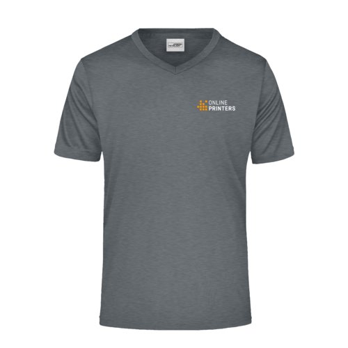 Donkergrijs gemleerd polyester V-shirt.