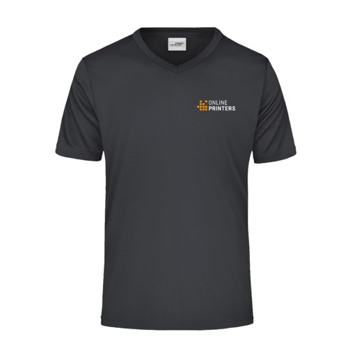 Zwart polyester V-hals T-shirt met korte mouwen.
