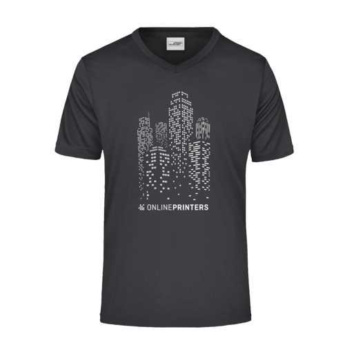Zwart polyester V-shirt voor heren met korte mouwen.