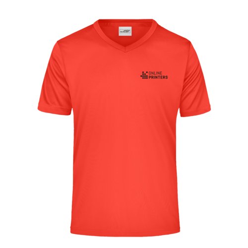 Rood polyester V-shirt met korte mouwen.