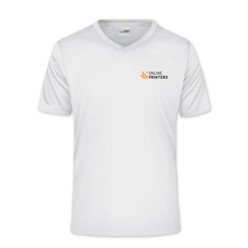 Wit polyester V-shirt met korte mouwen.