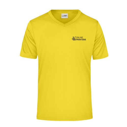 Geel polyester V-hals T-shirt met korte mouwen.