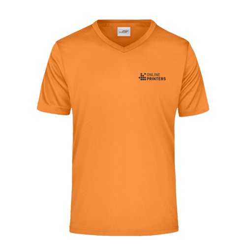 Oranje polyester V-shirt voor heren met korte mouwen.