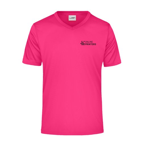 Roze polyester V-shirt voor heren met korte mouwen.