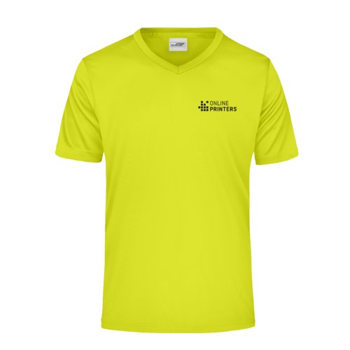 Neongele polyester V-hals shirt voor heren met korte mouwen.