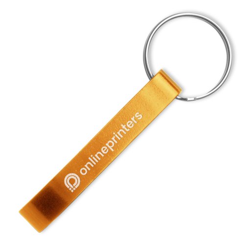 Oranje metalen flesopener met sleutelring.