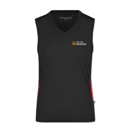 Zwart-rode polyester tanktop met V-hals voor dames.