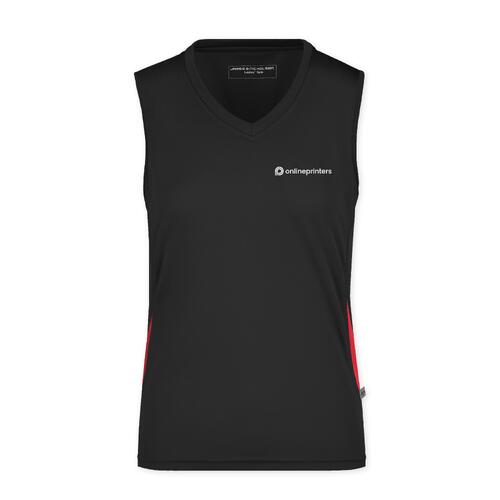 Zwart-rode polyester tanktop met V-hals voor dames.