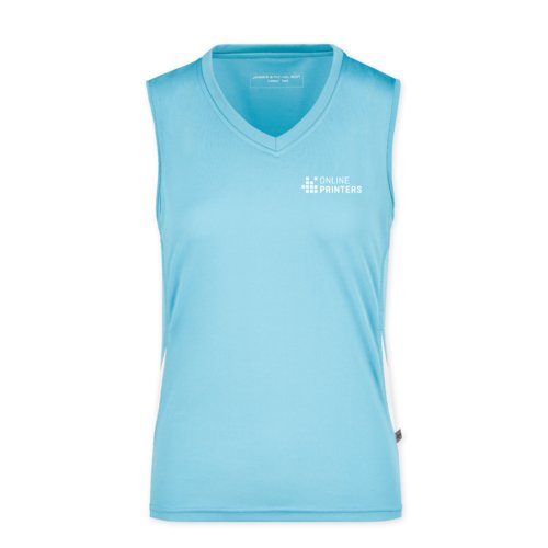 Lichtblauwe polyester dames tanktop met V-hals.