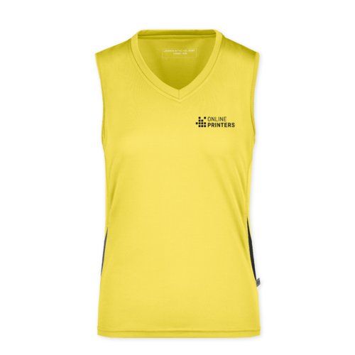 Geel polyester dames tanktop met V-hals.