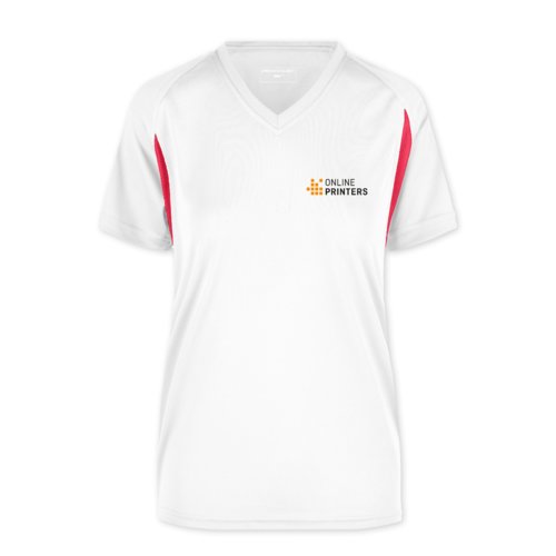 Wit en rood polyester functioneel shirt voor dames met V-hals.
