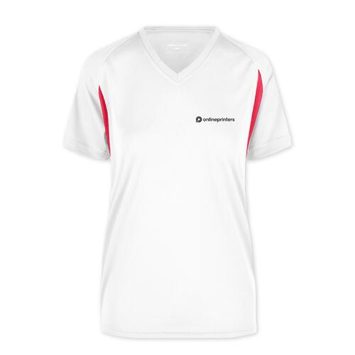 Wit en rood polyester functioneel shirt voor dames met V-hals.