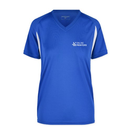 Blauw polyester dames sportshirt met V-hals.