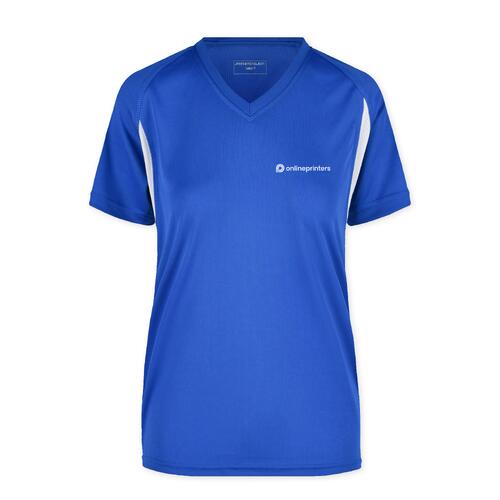 Blauw polyester dames sportshirt met V-hals.