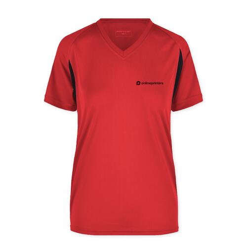 Rood polyester functioneel shirt voor dames met V-hals en korte mouwen.