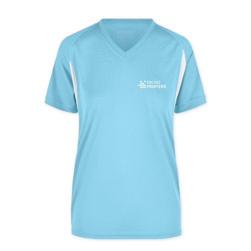 Lichtblauw polyester functioneel shirt met v-hals en korte mouwen.