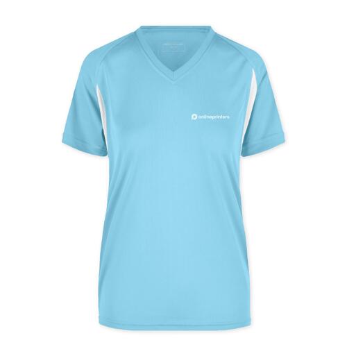 Lichtblauw polyester functioneel shirt met v-hals en korte mouwen.
