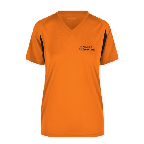 Oranje polyester dames functioneel shirt met V-hals en korte mouwen.