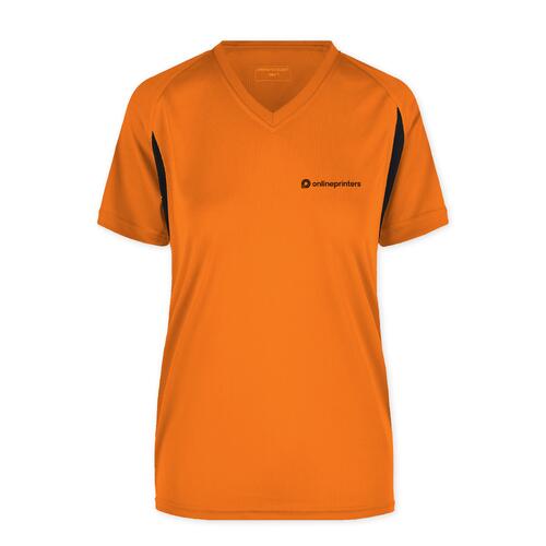 Oranje polyester dames functioneel shirt met V-hals en korte mouwen.