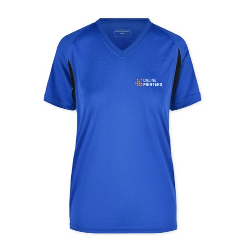 Koningsblauw polyester functioneel shirt voor dames met V-hals.