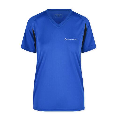 Koningsblauw polyester functioneel shirt voor dames met V-hals.
