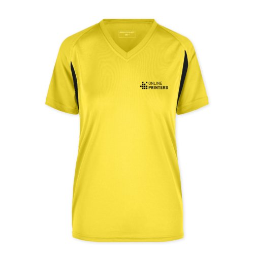 Geel polyester functioneel shirt met V-hals en korte mouwen.