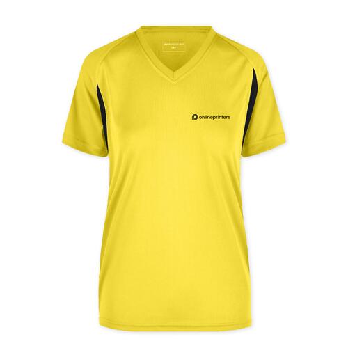 Geel polyester functioneel shirt met V-hals en korte mouwen.