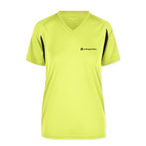 Neon geel polyester functioneel shirt voor dames met V-hals.
