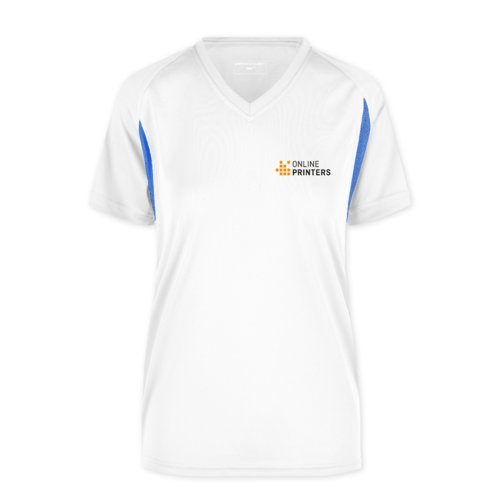 Wit en blauw polyester functioneel shirt voor dames met V-hals.