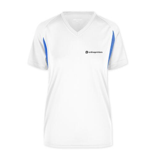 Wit en blauw polyester functioneel shirt voor dames met V-hals.