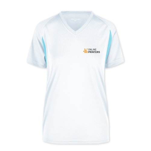 Wit en lichtblauw functioneel shirt van polyester met V-hals voor dames.