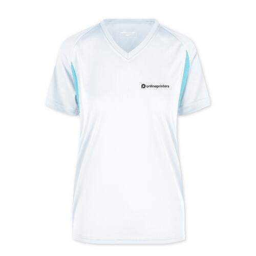Wit en lichtblauw functioneel shirt van polyester met V-hals voor dames.