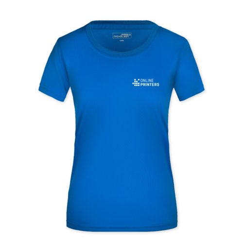 Koningsblauwe dames T-shirt van polyester met korte mouwen.