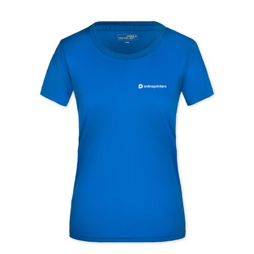 Koningsblauwe dames T-shirt van polyester met korte mouwen.