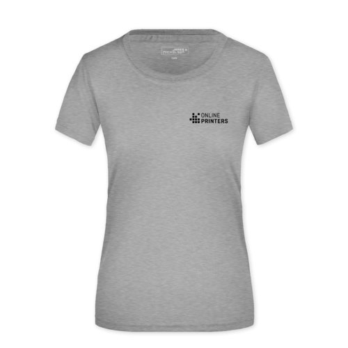 Gemileerd grijs polyester dames-T-shirt met korte mouwen.