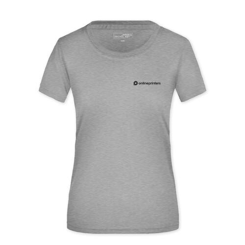 Gemi�leerd grijs polyester dames-T-shirt met korte mouwen.