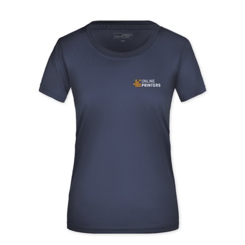 Donkerblauwe polyester T-shirt voor dames.