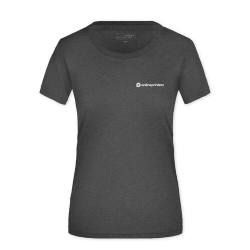 Donkergrijs gem�leerd polyester dames T-shirt met korte mouwen.
