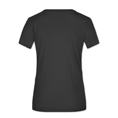 Zwart polyester dames-t-shirt met korte mouwen.